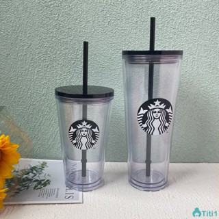 Starbucks Plastic Classic Double Layer Plastic Cup Reusable Straw Cup Cold Cup Black Transparent 470ml / 710 Ml TH1