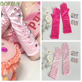 Doreen ถุงมือยาว แบบจับจีบ ประดับเพชร สีชมพู สําหรับงานปาร์ตี้