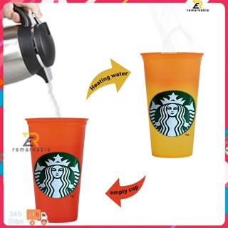 สต็อกพร้อม Starbucks Party Coffee Cup Repeated Pp Material Cold Cup Hotwater Discolor Plastic Cup Covered Straw Cold Cup 473ml/16floz amazing_th