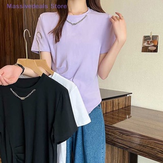 Massivedeals ฤดูร้อน ไม่สม่ําเสมอ แขนสั้น เสื้อยืด ผู้หญิง สีพื้น คอกลม Ruffles บาง เสื้อยืด ใหม่