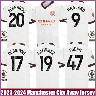 เสื้อกีฬาแขนสั้น ลายทีม Manchester City Away Bernardo Grealish Haaland Alvarez Foden DeBruyne Jersey Ani 2023-2024 พลัสไซซ์