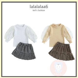 Laa6 ชุดเสื้อแขนพัฟ ผ้าตาข่ายถัก ประดับเลื่อม ดาว ดวงจันทร์ และกระโปรง เอวยางยืด สําหรับเด็กผู้หญิง