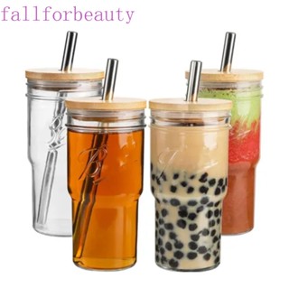 Fallforbeauty แก้วกาแฟ ชา ฟองนม พร้อมหลอดดูด ฝาไม้ไผ่ใส 700 มล.