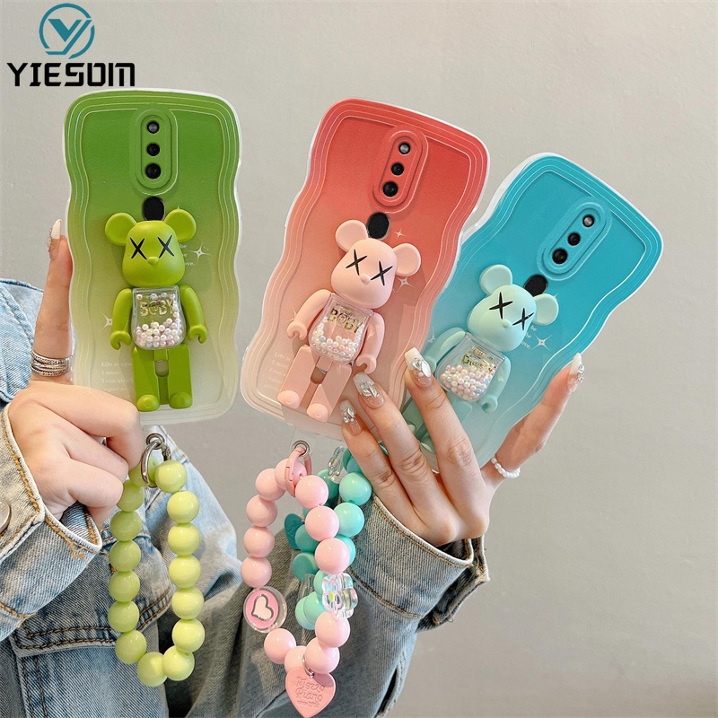 เคสโทรศัพท์มือถือนิ่ม ลายหมี Kaws แต่งไล่โทนสี พร้อมสายคล้องมือ ประดับมุก สําหรับ OPPO F11 F9 Pro Reno 3 4 5 4G 5G