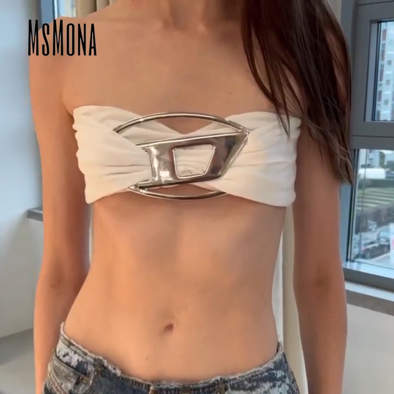 MsMona ผู้หญิงเทรนด์แฟชั่นใหม่โลหะตกแต่งสัมผัสสะดือเซ็กซี่ด้านบน