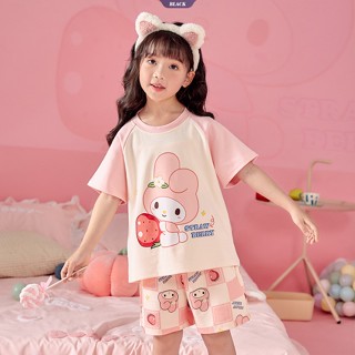 Sanrio ชุดนอนแขนสั้น พิมพ์ลาย Mymelody Kuromi น่ารัก สําหรับเด็กผู้หญิง 2 ชิ้น [BL]