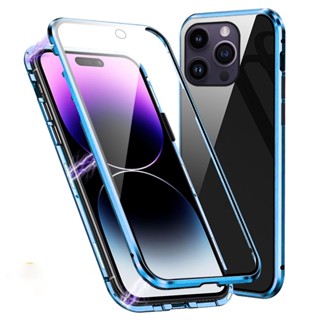 เคสป้องกันโทรศัพท์มือถือกระจก ขอบโลหะ แม่เหล็ก สองด้าน สําหรับ iPhone 14 Pro Max 14 Plus 13 Pro Max iPhone 11 360