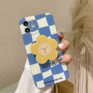 เคสป้องกันโทรศัพท์มือถือ แบบนิ่ม ลายตารางหมากรุก ลายดอกไม้ สีฟ้า สําหรับ Apple Iphone 12ProMax 13 14 13 XS 11 8 14