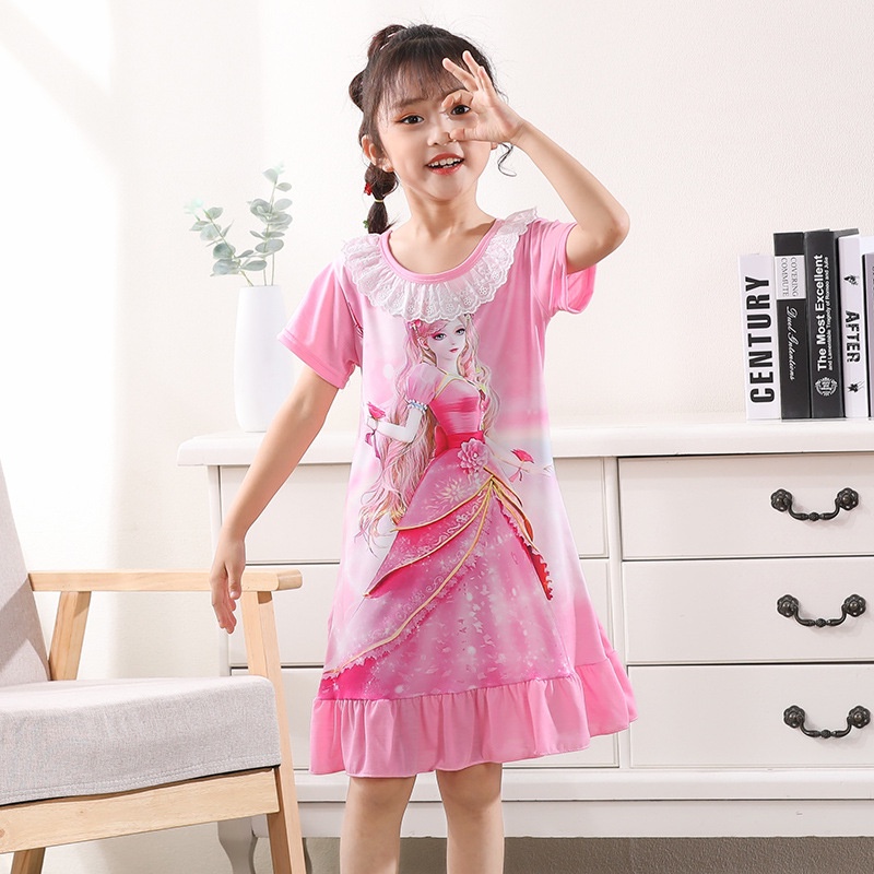 【YAOEENH】90-150 ซม. เด็ก แขนสั้น ชุดนอน กลาง เด็กเล็ก เจ้าหญิง ชุดนอน ชุดบ้าน เด็กผู้หญิง ผ้าฝ้าย ระบายอากาศ ดูดซับเหงื่อ Re