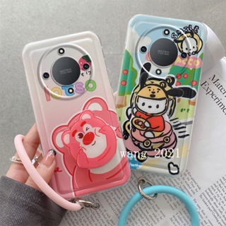 Casing เคส Honor X9a X9 5G Huawei Nova9 Hot Deals Lovely Strawberry Bear Cartoon Bracket Phone Case Lens Protection Shockproof Soft Cover with Silicone Bracelet Latest 2023 เคสโทรศัพท