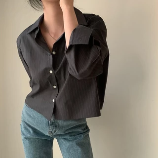 เสื้อเชิ้ตแขนยาว คอโปโล ทรงหลวม ลายทาง แบบเรียบ สไตล์เกาหลี สําหรับผู้หญิง