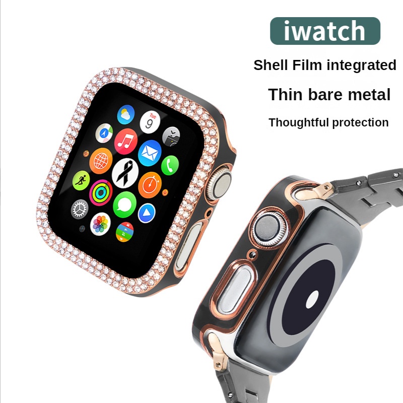 [พร้อมส่ง] เคสนาฬิกาข้อมือ PVC ชุบไฟฟ้า สองแถว ประดับเพชร สําหรับ Apple Watch iwatch
