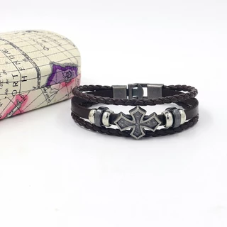 [Z H Jewelry] วินเทจ ร็อค ไขว้ ศาสนา สร้อยข้อมือหนัง ผู้ชายและผู้หญิง แฟชั่น สเตนเลส หลายชั้น ลูกปัด PU สร้อยข้อมือ พังก์ ปาร์ตี้ เครื่องประดับ อุปกรณ์เสริม
