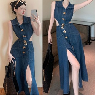 ชุดเดรสยีนยาว แขนกุด แบบเข้ารูป ผ่าข้าง สีฟ้า แฟชั่นฤดูร้อน สําหรับผู้หญิง