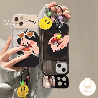 เคสโทรศัพท์มือถือแบบกระจก ฝาพับ กันกระแทก ลายหน้ายิ้มน่ารัก 3D พร้อมสายคล้องข้อมือ สําหรับ Oppo A15 A5s A7 A31 A15s A57 A12 A53 A9 A5 A3s A33 A35 A77S A77 A11K