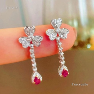 Fancy Cubic Zirconia ต่างหู จี้รูปหยดน้ํา ประดับเพทาย สีแดง คุณภาพสูง สําหรับผู้หญิง