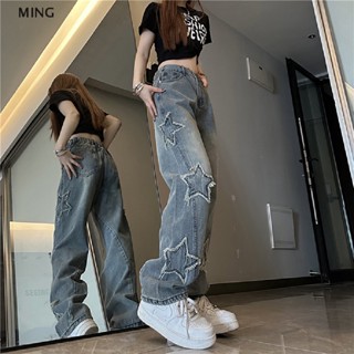 Ming Streetwear กางเกงยีนขายาว เอวสูง ทรงตรง ลายดาวห้าแฉก สีฟ้า สไตล์เกาหลี ฮิปฮอป Y2k