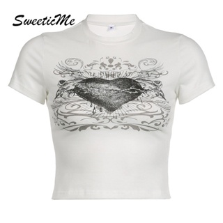 Sweeticme ใหม่ เสื้อยืดครอป คอกลม แขนสั้น พิมพ์ลาย สีตัดกัน แฟชั่นสําหรับผู้หญิง 2023