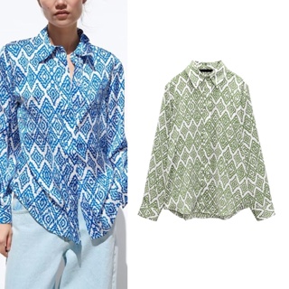 Zara เสื้อเชิ้ตแขนยาว ผ้าซาติน พิมพ์ลาย ทรงหลวม สไตล์เรโทร แฟชั่นฤดูร้อน 9878143