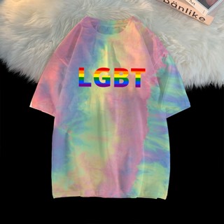 Lgbt เสื้อยืดลําลอง แขนสั้น คอกลม ทรงหลวม อเนกประสงค์ สีมัดย้อม สําหรับผู้หญิง และผู้ชาย