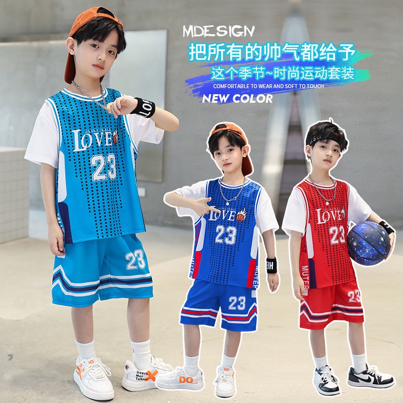 Akaki ชุดบาสเก็ตบอลชายชุดกีฬาแขนสั้นต่างประเทศบอลลูนเสื้อผ้าเด็กและวัยรุ่นแห้งเร็วปลอมสองชิ้นเสื้อผ้าเด็กน้ำ
