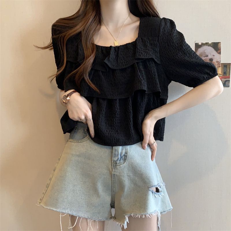 Classy .girl～แขนสั้น ขนาดใหญ่คอเสื้อทรงสี่เหลี่ยมเสื้อยืดแขนสั้น มีสไตล์และสง่างามดูผอมบางเสื้อยืดแขนสั้น#DZ00374