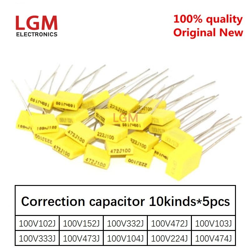 50 ชิ้น 100 โวลต์แก้ไขตัวเก็บประจุชุดคละชุด 10 ชนิด * 5 ชิ้น 102J 152J 332J 472J 103J 333J 473J 104J