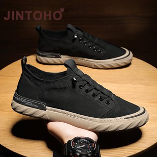 Jintoho รองเท้าผ้าใบ รองเท้าโลฟเฟอร์ ยาง กันลื่น สีดํา แฟชั่นสําหรับผู้ชาย