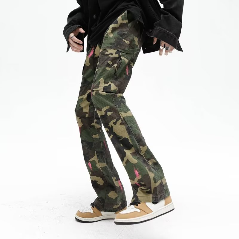 Camouflage Splash Ink Distressed Street High Street Micro Flared Pants Men Street Wear Loose Wide-Leg Casual Pants