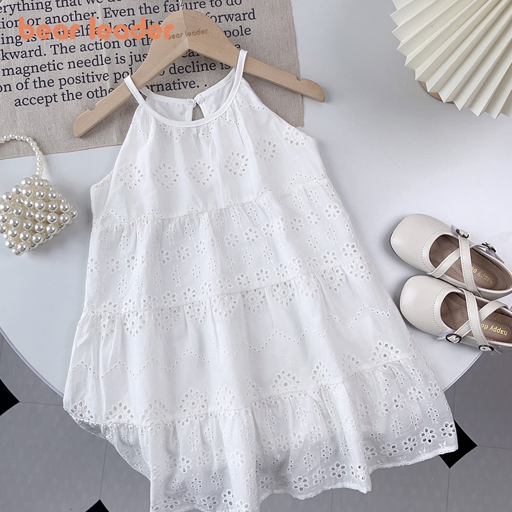 ชุดเดรส ความยาวปานกลาง ลายหมี สีขาว แฟชั่นฤดูร้อน สําหรับเด็กผู้หญิง อายุ 2-7 ปี