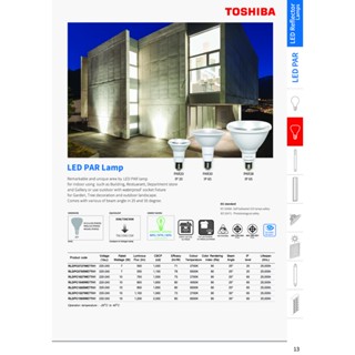 หลอดส่องสว่าง TOSHIBA หลอดไฟ Led PAR38 15W  กันฝุ่นและน้ำมาตรฐาน IP65 ใช้ภายนอกอาคารได้