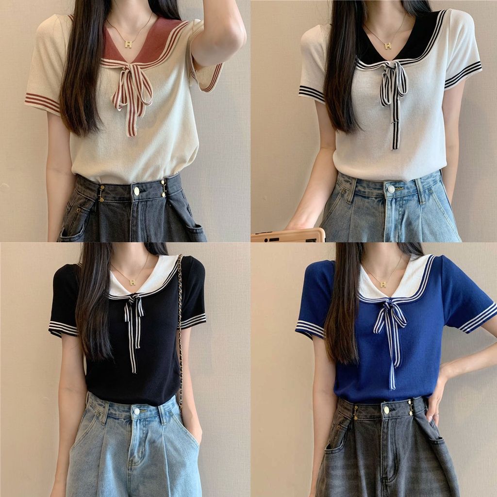 Dahong เสื้อคอปกแขนสั้นไหมพรม สไตล์ วิทยาลัยฝรั่งเศสเสื้อไหมพรมแขนสั้นคอปกโปโล แต่งคอโบว์น่ารัก A502