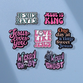 เข็มกลัดโลหะ รูปตัวอักษร Love Jesus Enamel Lapel Funny Pin Wicked Ghost Scary Face Jesus แบบสร้างสรรค์ สําหรับเพื่อน