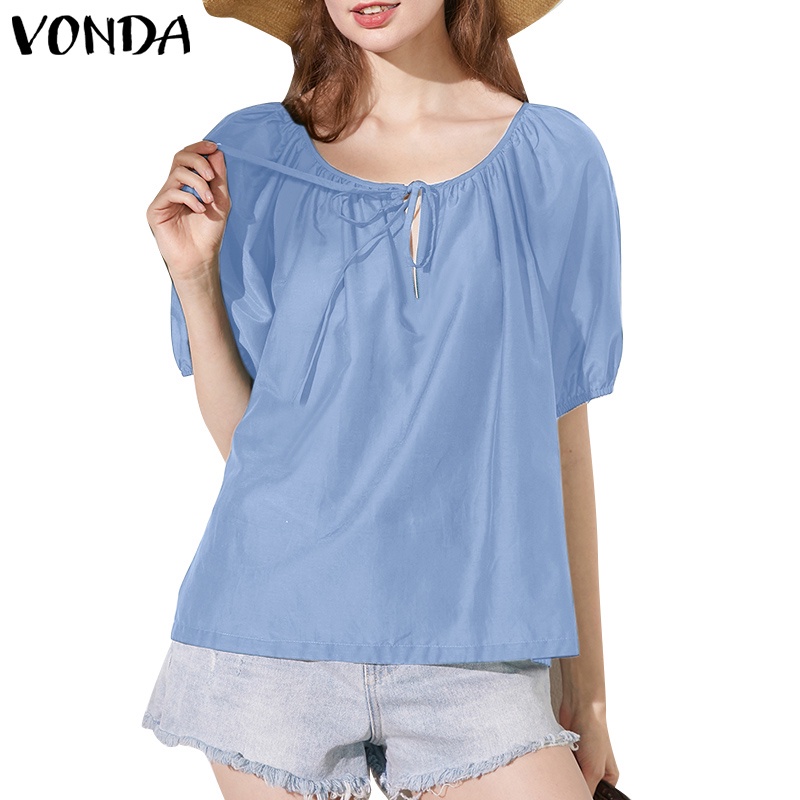Vonda เสื้อคอกลม แขนสั้น แขนพัฟ สไตล์เกาหลี สําหรับผู้หญิง