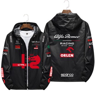 เสื้อแจ็กเก็ต มีฮู้ด กันลม ลายทีม Alfa Romeo F1 Team Stake เลือกลายได้ สําหรับขับขี่กลางแจ้ง