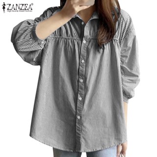 Zanzea เสื้อเชิ้ตแขนพัฟ คอปก พิมพ์ลายทาง สไตล์เกาหลี สําหรับผู้หญิง