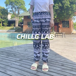 CHILLG LAB กางเกงขากว้างฤดูร้อนตาข่ายสีแดงขากว้างหลวมกางเกงนอนผ้าไหมผ้าฝ้ายขนาดใหญ่ริบบิ้นเก้าจุดสามารถสวมใส่ได้ข้างนอก