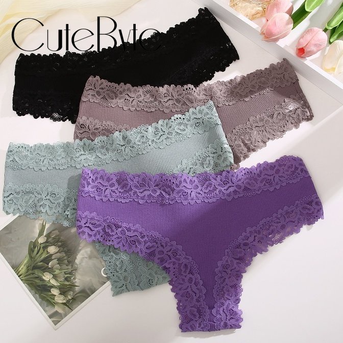 Cutebyte กางเกงชั้นใน เอวต่ํา ผ้าฝ้ายแท้ ระบายอากาศ ใส่สบาย แต่งลูกไม้ สีพื้น เซ็กซี่ สําหรับผู้หญิง S-XL