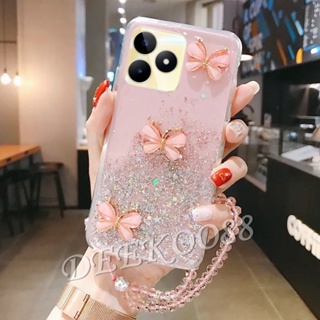 เคสโทรศัพท์มือถือนิ่ม ลายผีเสื้อ ประดับกลิตเตอร์ พร้อมสายคล้องมือ คริสตัล สําหรับ Realme C53 C55 NFC 10T 10 Pro+ Pro 5G Coca-Cola Edition 4G Plus RealmeC53 RealmeC55