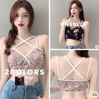 💥HOT SALE💥เสื้อครอปสายเดี่ยวไขว้ คอวี ลายดอกไม้ 2 สี