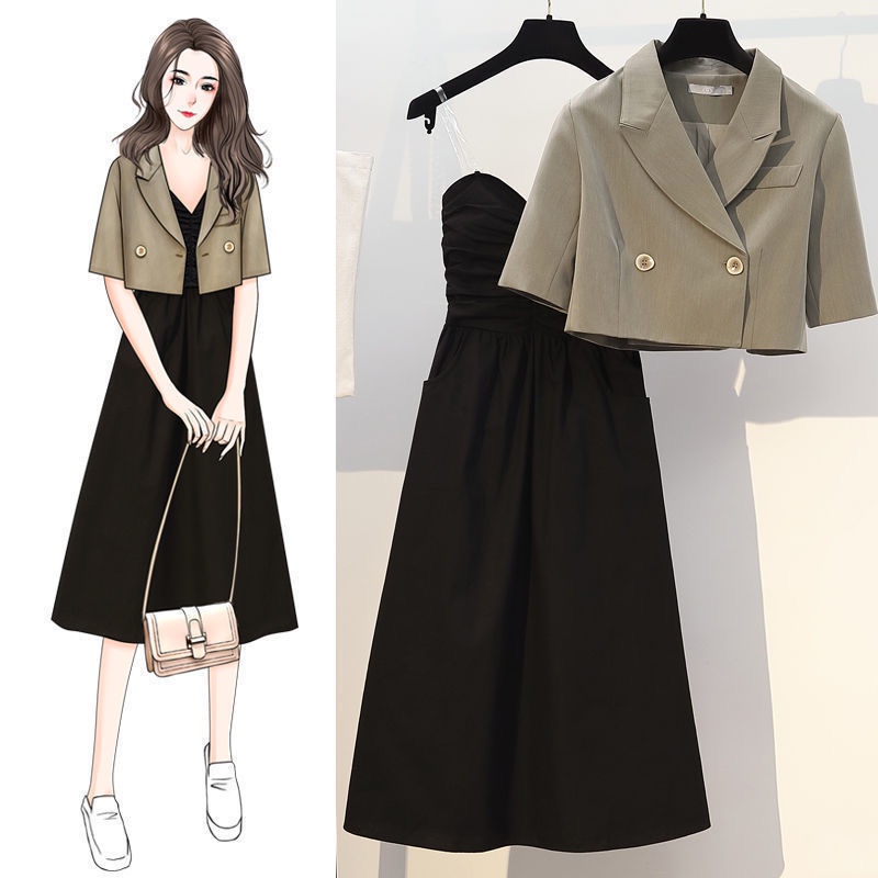 แฟชั่นเกาหลี【ชุด 2 ชิ้น】เสื้อเบลเซอร์แขนสั้น+เดรสสายเดี่ยว มี 2 สี ใส่ทำงานได้ค่ะ M-3XL