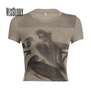 Vesglory เสื้อครอปท็อปลําลอง คอกลม แขนสั้น พิมพ์ลายแอปสแตรกท์ แฟชั่นสําหรับสตรี 2023