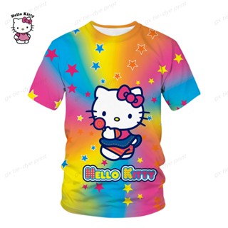 เสื้อยืดแขนสั้น พิมพ์ลายการ์ตูน Hello Kitty 3 มิติ แฟชั่นฤดูร้อน สําหรับผู้ชาย และผู้หญิง 2023