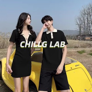 CHILLG LAB เสื้อโปโลคู่ทุกชุด 2023 ใหม่มาตรฐานแขนสั้นอารมณ์อ่อนเยาว์สีทึบยอดนิยมฤดูร้อน