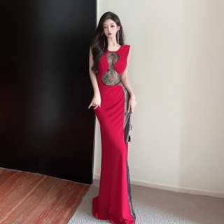 ชุดเดรสกระโปรงยาว ซีทรู ทรงอสมมาตร สุดเซ็กซี่ ปักลายลูกไม้ สําหรับสตรี