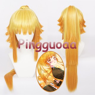 【Manmei】Anime Demon Slayer Kimetsu no Yaiba Zenitsu Agatsuma Genderbend Cosplay Wig 80cm Long Ponytail Wigs Heat Resistant Synthetic Hair