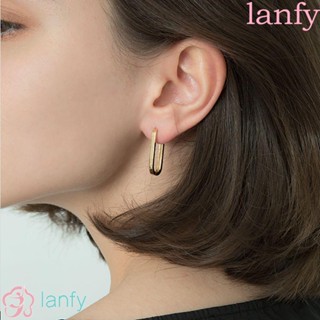 LANFY ต่างหูห่วง ทรงสี่เหลี่ยมผืนผ้า สีทอง เรียบง่าย สําหรับผู้หญิง