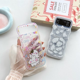 เคสโทรศัพท์มือถือ แบบฝาพับ ลายกราฟฟิตี้กระต่าย สีขาว พร้อมสายคล้องมือ สําหรับ Samsung Galaxy Z Flip 4 3 5 5G Z Flip3 Flip5 Flip4