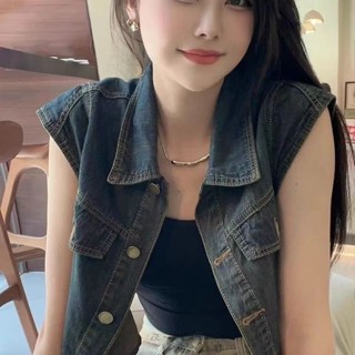 American retro advanced temperament denim vest girl POLO collar short sleeveless jacket cardigan summer