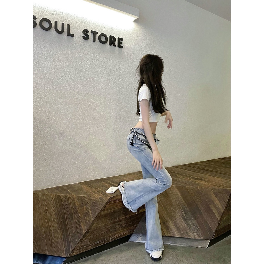 กางเกงยีนขาบาน เอวต่ํา ทรงสกินนี่ เอวต่ํา พร้อมกระเป๋า สีฟ้า สําหรับผู้หญิง Y2k - รูปที่ 2